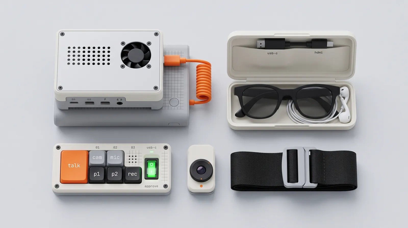 The complete kit laid out on pale grey: Pi case and power sled, glasses case, remote panel with an orange talk key and green approve key, camera clip and strap.