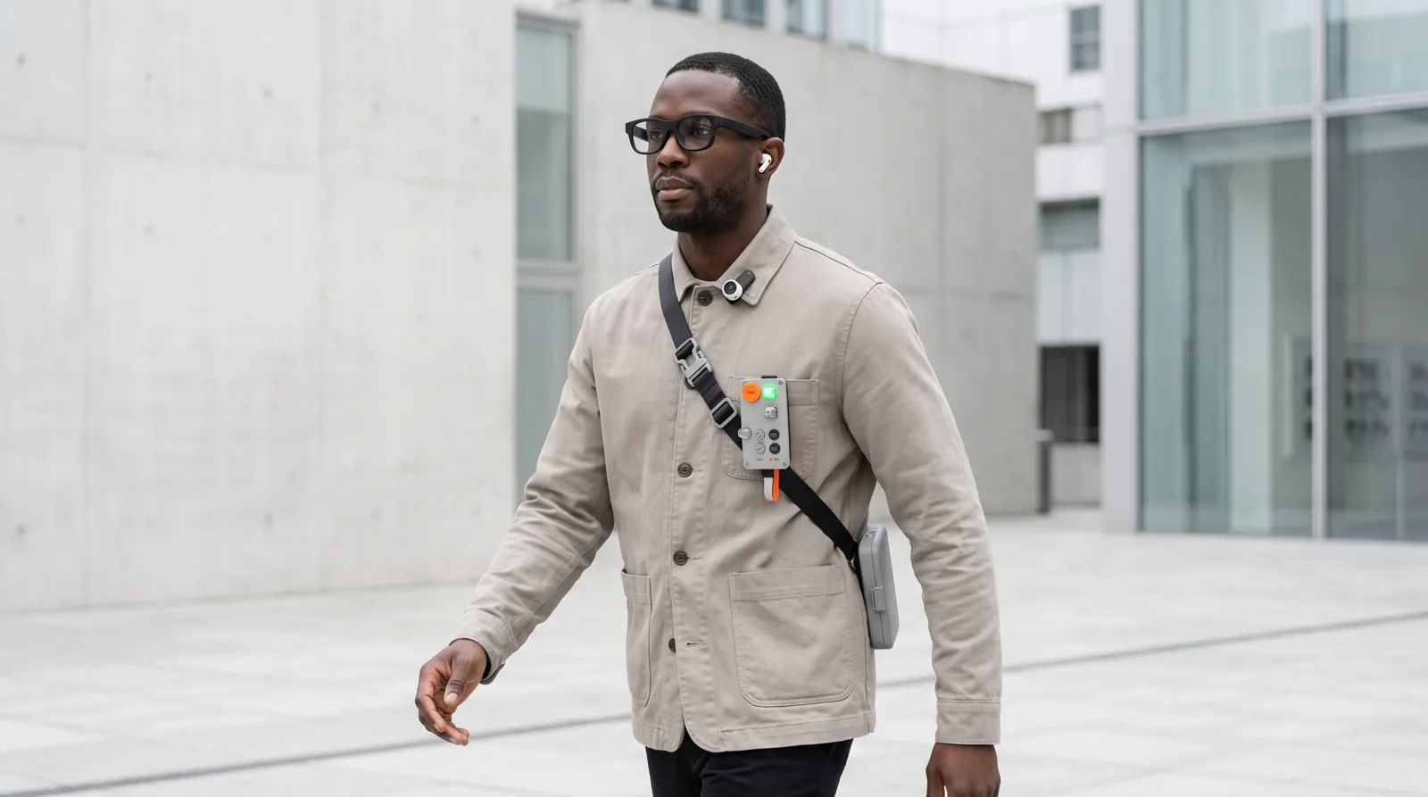 A man in a stone-coloured jacket walking across a concrete plaza, wearing display glasses, an earbud, the camera clip on his collar and the sling strap with the remote panel at his chest and the grey pouch at his hip.