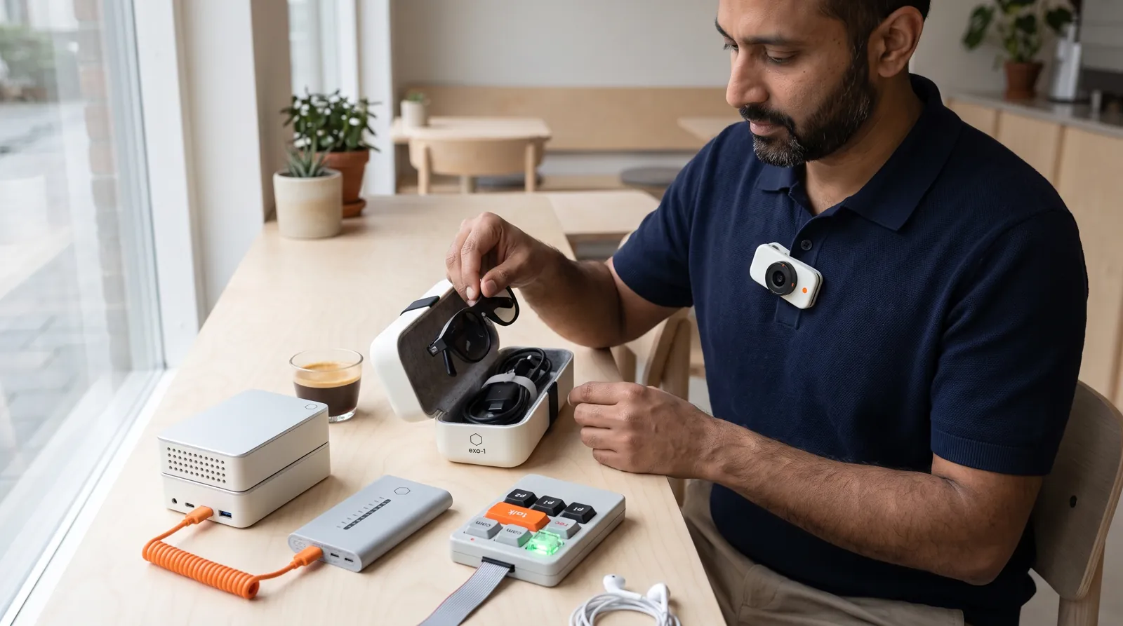 A man at a café table by a window lifting display glasses out of the open glasses case, with the Pi case, power bank, an espresso and the remote panel on the table and the camera clip on his shirt.