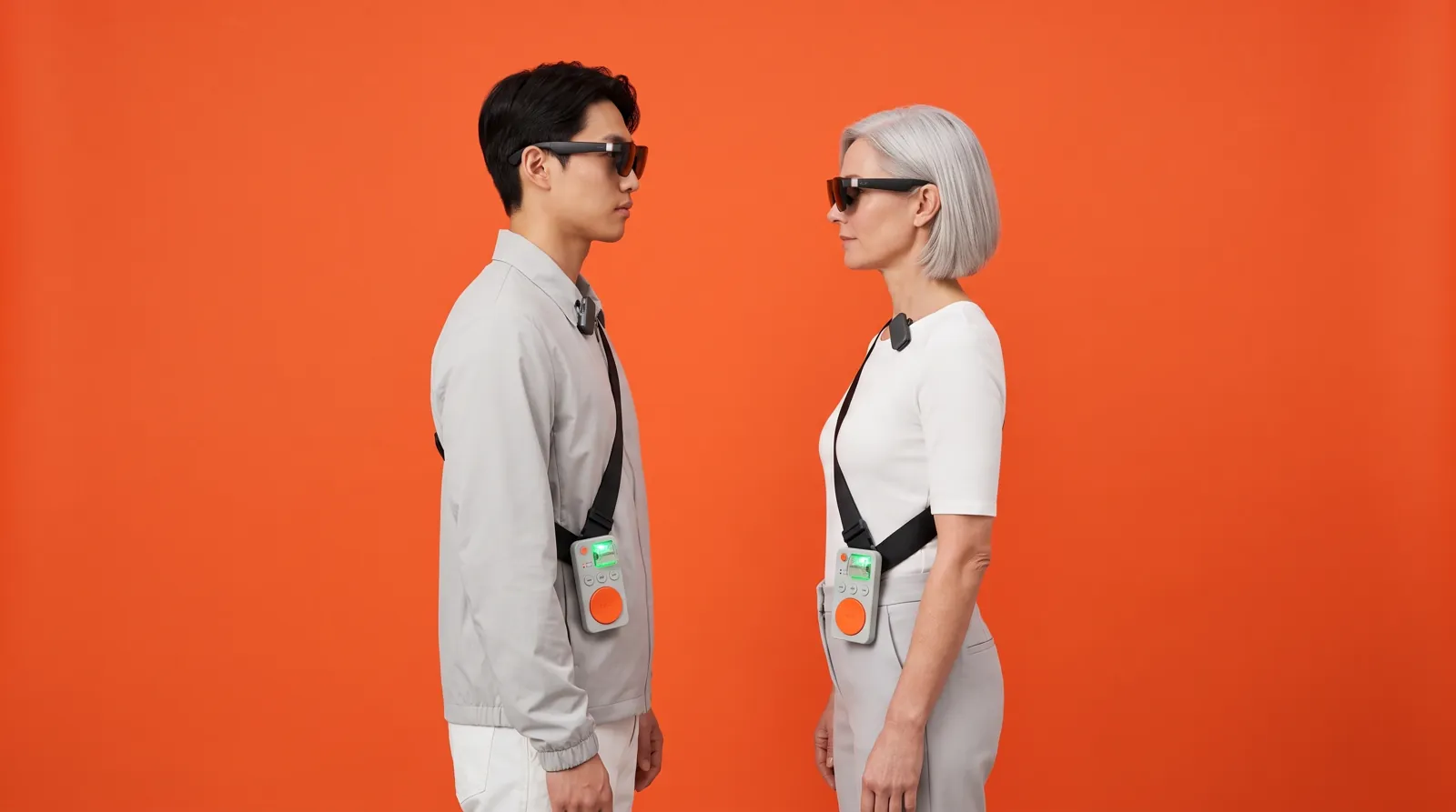 Two people in light grey and white standing in profile facing each other on a bright orange backdrop, both wearing dark display glasses and the sling strap with the remote panel and its green approve key at their side.