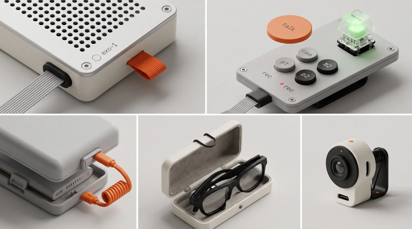 Five product close-ups in a grid: the Pi case corner with an orange pull-tab, the remote panel with its keys and glowing approve switch, the power sled with its coiled orange cable, the glasses case open with glasses, and the camera clip.
